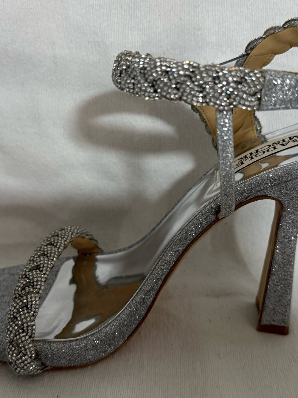 Badgley Mischka Fennel Silver Braided Crystal Strap Spool Heel Sandals - Picture 3 of 9